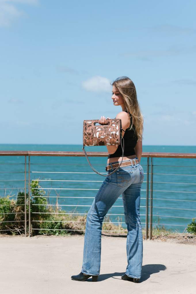 Design Edge Messina Embossed Cutout Hand Bag Brown