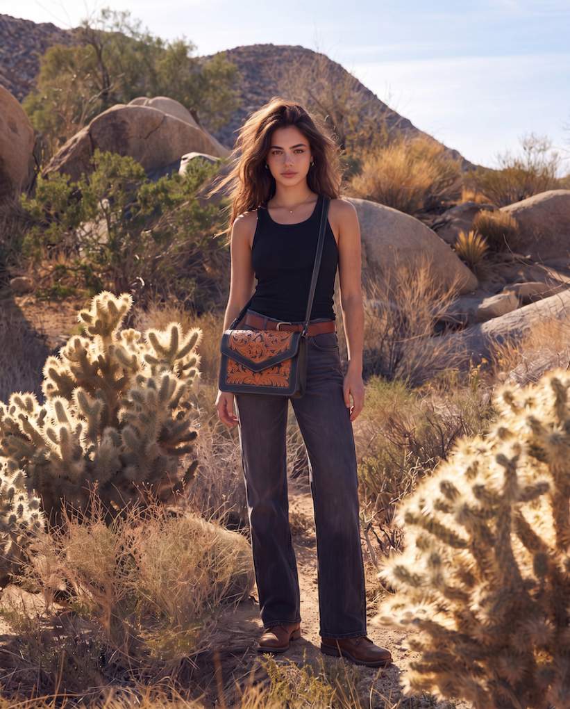 Design Edge Condor Hand Tooled Crossbody Handbag  Brown