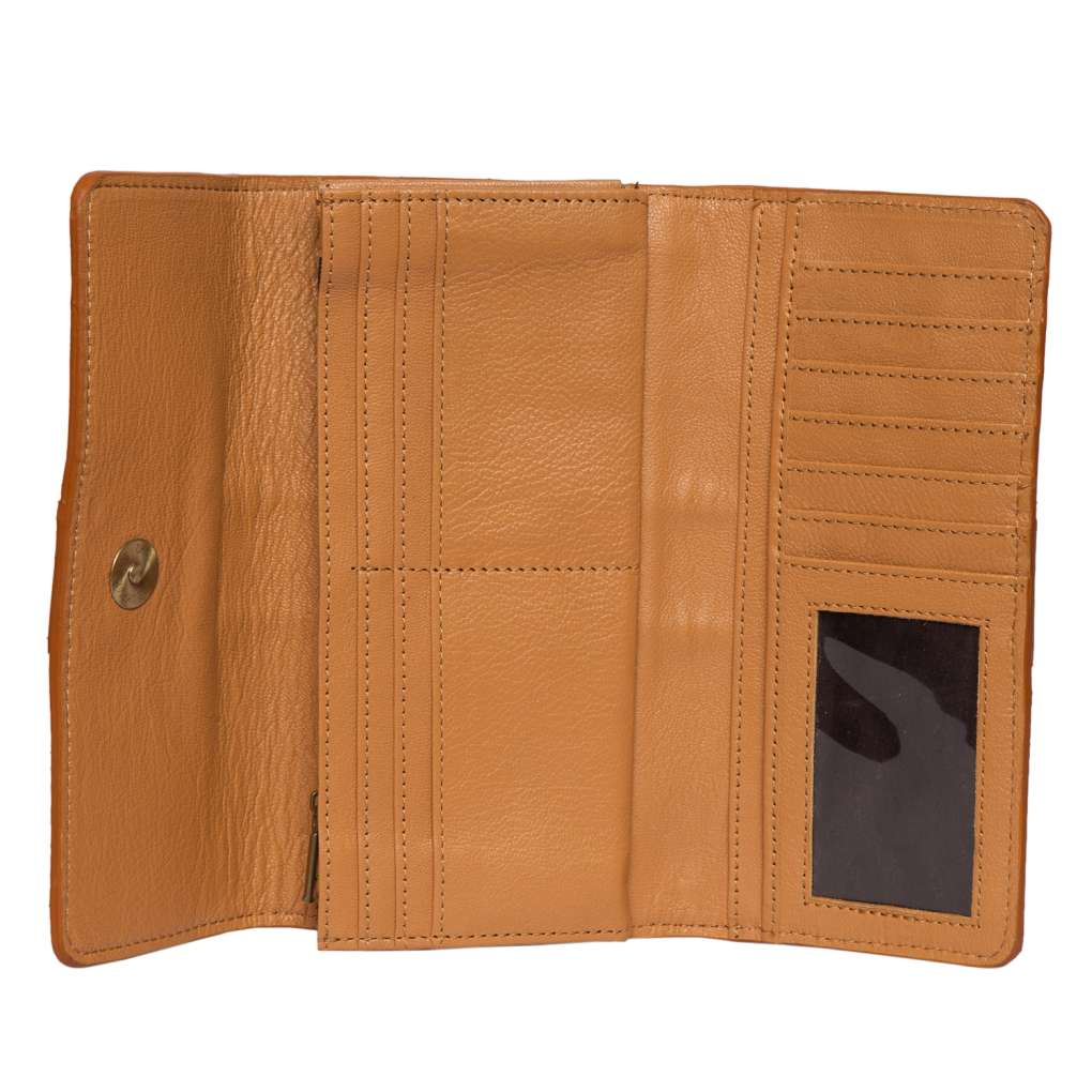 Design Edge Tooled Leather Tri-fold Ladies Wallet - Hand Painted Tan/White