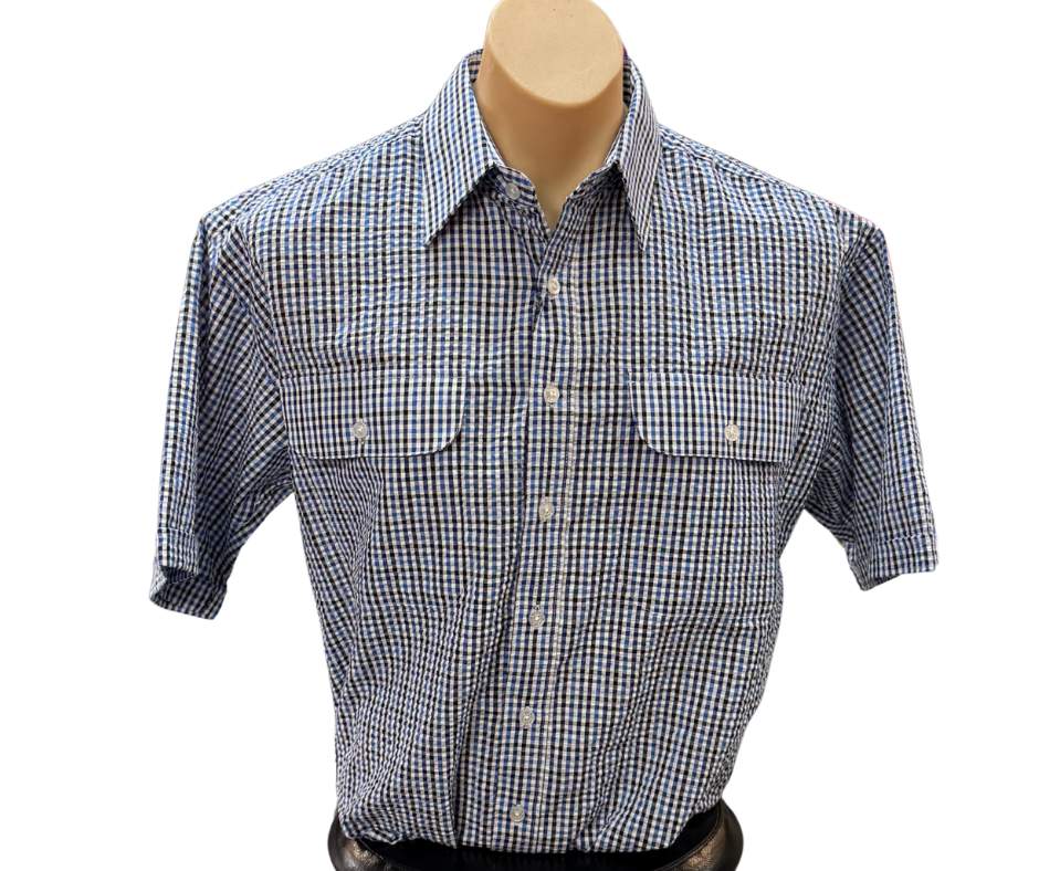 Bisley Mens Seersucker BS20383 S/S Royal/Navy/White Small Check Workshirt