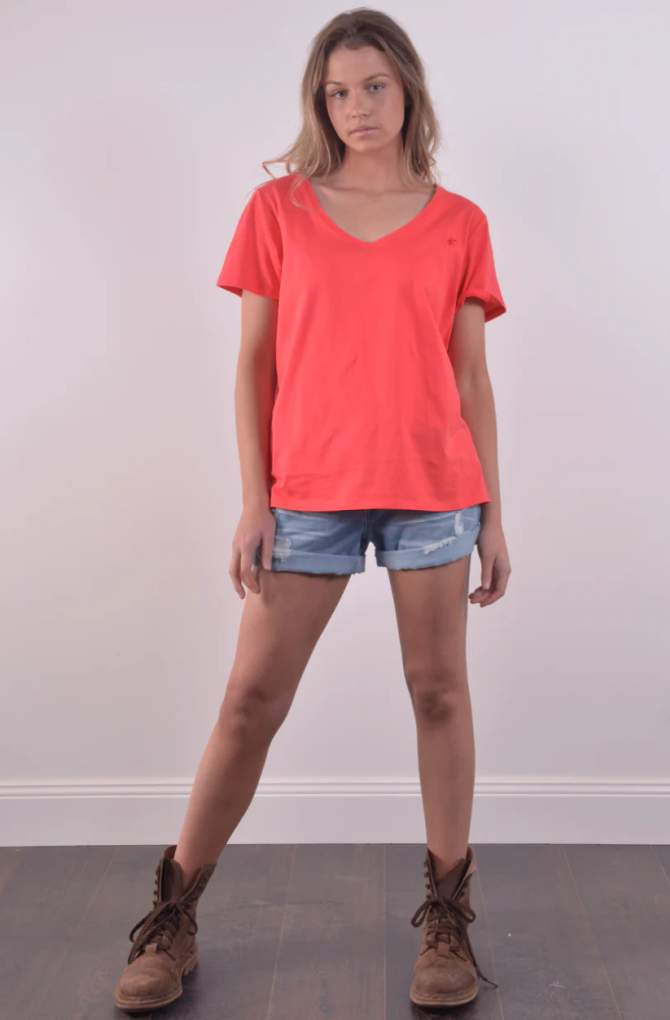 Bullrush Ladies V Neck Cuff Poppy Tee