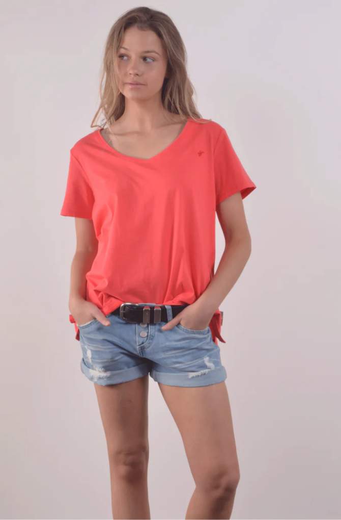 Bullrush Ladies V Neck Cuff Poppy Tee