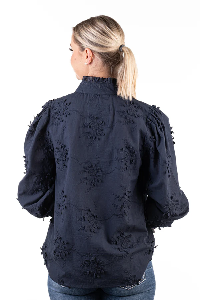 H &amp; H Ladies LC Collection Navy Embroidered Flowers Shirt