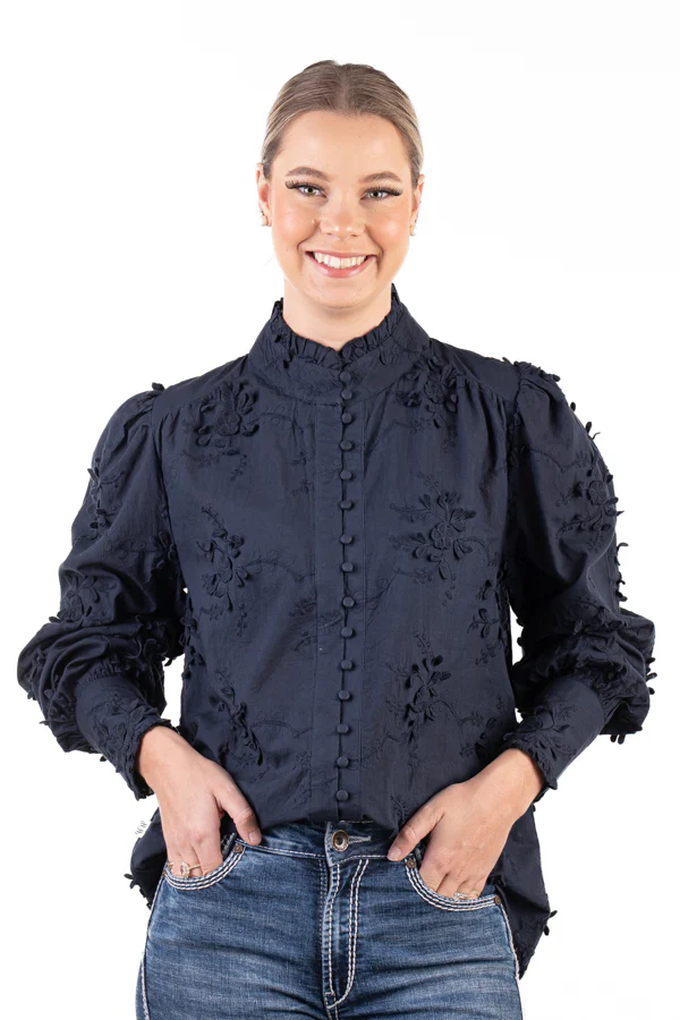 H &amp; H Ladies LC Collection Navy Embroidered Flowers Shirt