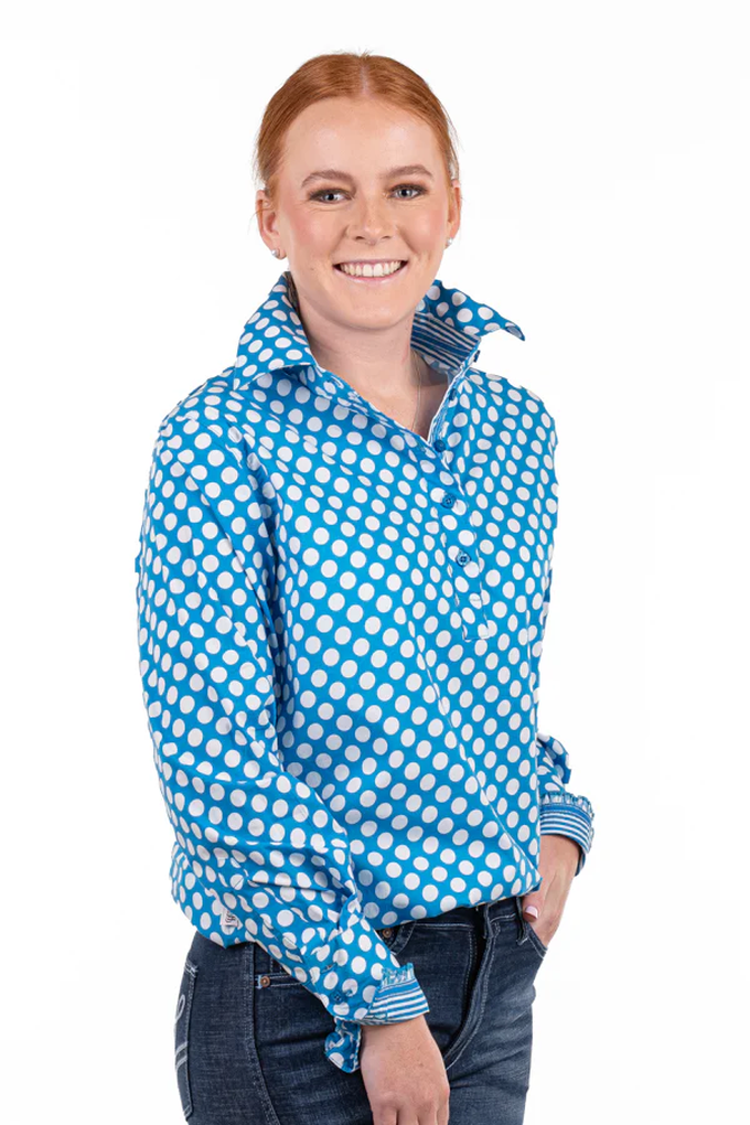 H &amp; H Ladies Loose Fit Blue/White Polka Dot Shirt