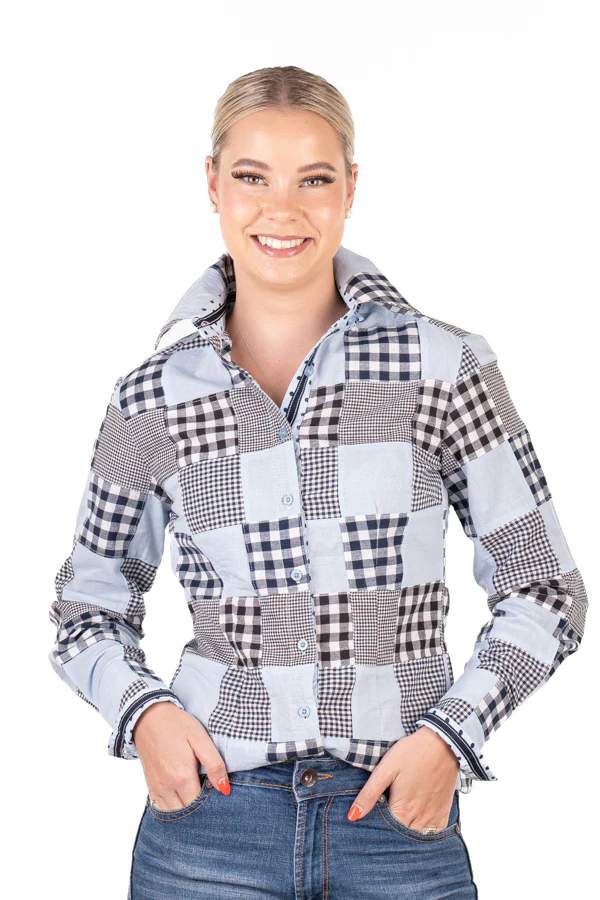 H & H Ladies Denim & Gingham Patchwork Fitted Shirt