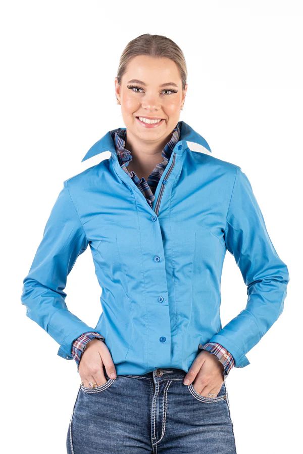 H &amp; H Ladies Electric Blue Check Trim Fitted Shirt