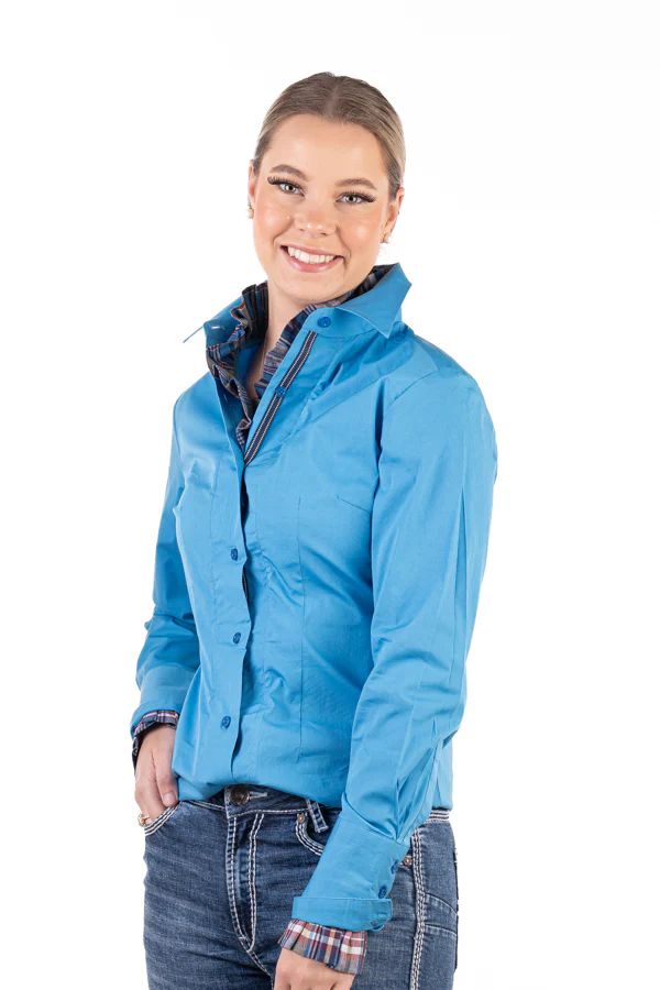 H & H Ladies Electric Blue Check Trim Fitted Shirt