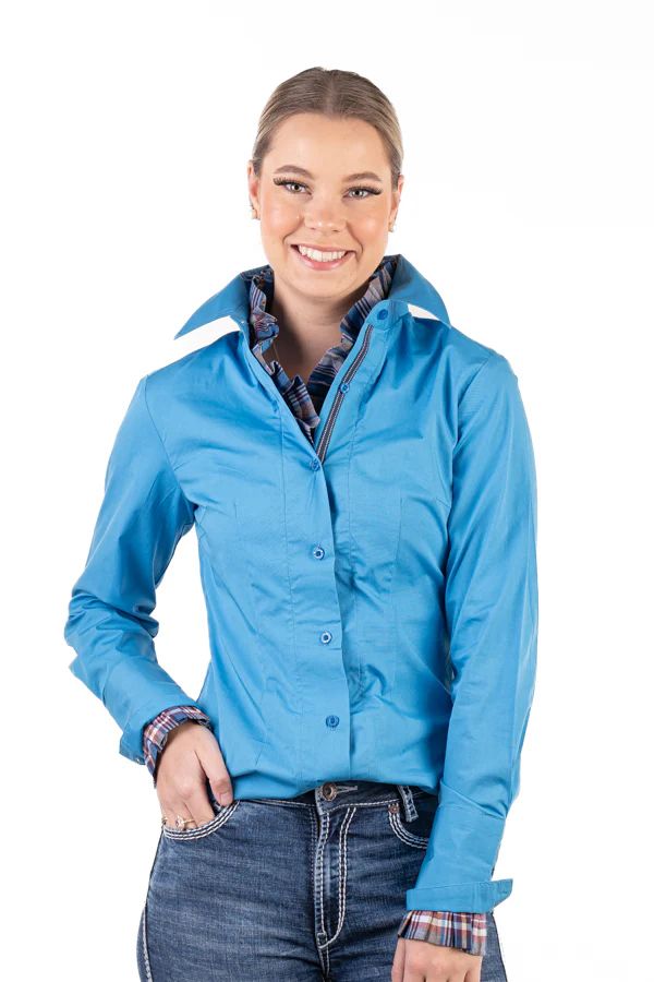 H &amp; H Ladies Electric Blue Check Trim Fitted Shirt