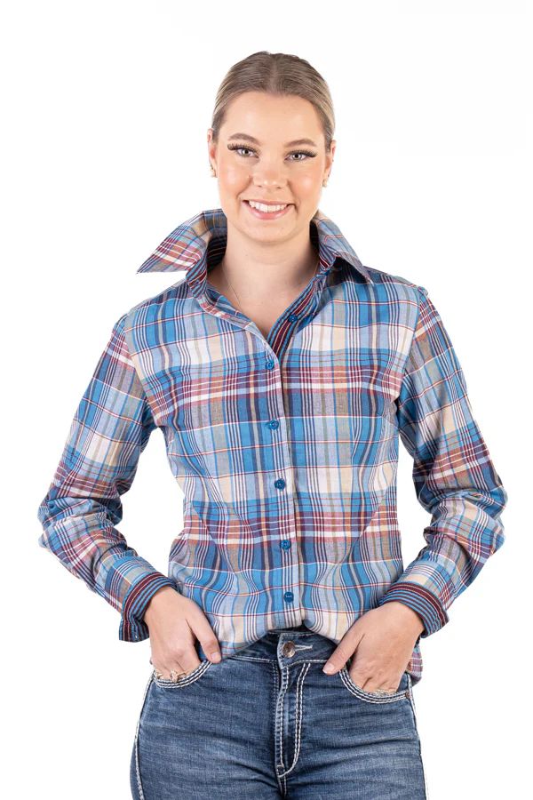 H &amp; H Ladies Plaid Fitted Shirt Blue/Burgundy/Beige/White