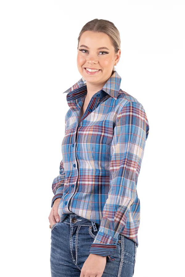 H &amp; H Ladies Plaid Fitted Shirt Blue/Burgundy/Beige/White