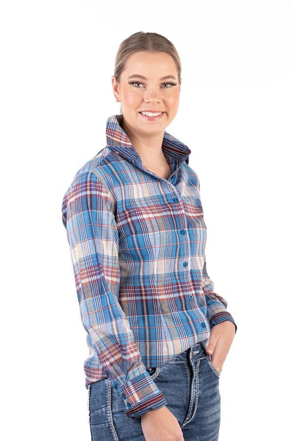 H &amp; H Ladies Plaid Fitted Shirt Blue/Burgundy/Beige/White