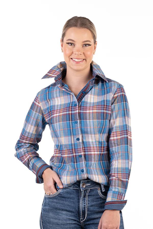 H &amp; H Ladies Plaid Fitted Shirt Blue/Burgundy/Beige/White