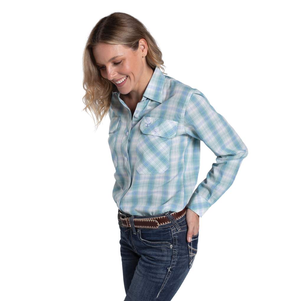 JCA Ladies Abbey Riviera Blue &amp; Sea Green Plaid Workshirt