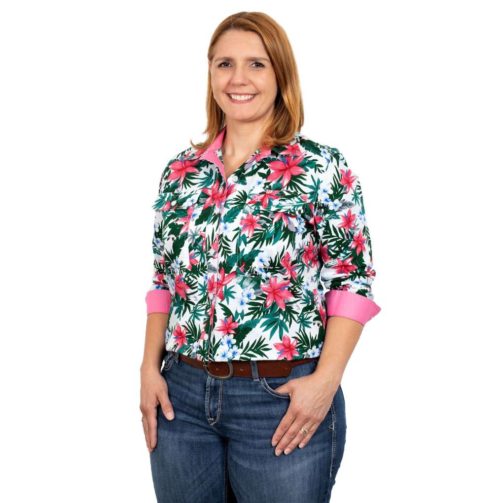 JCA Ladies Abbey White Hibiscus Workshirt