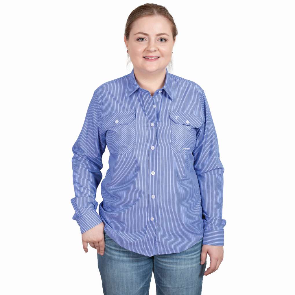 JCA Ladies Brooke Striped Bamboo Blend Workshirt Blue/White