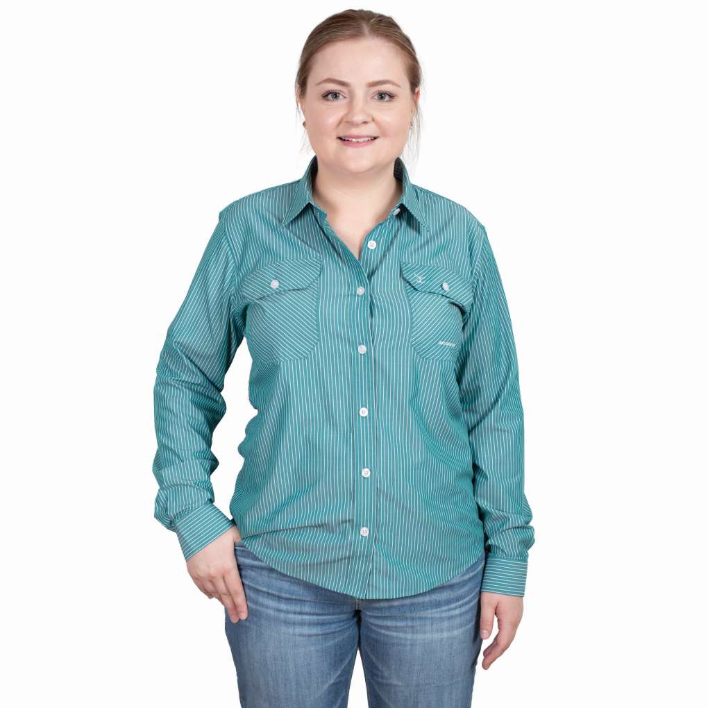 JCA Ladies Brooke Striped Bamboo Blend Workshirt Green/White