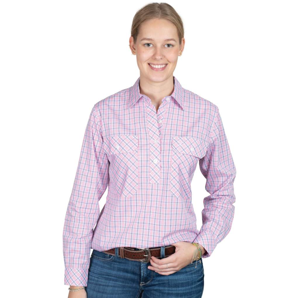 JCA Ladies Georgie Light Pink/Navy Plaid Workshirt