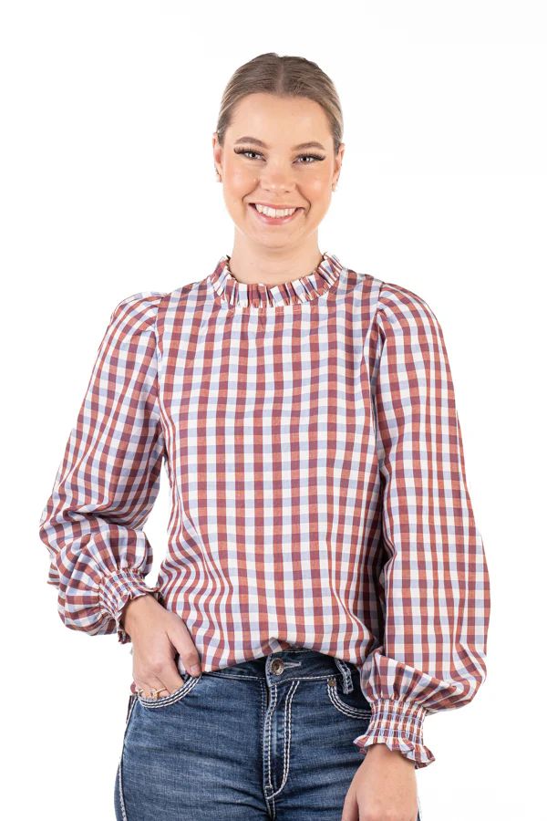 H & H Ladies LC Gingham Collection Shirt Blue/Rust/White