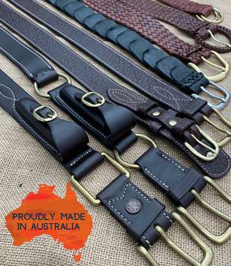 A display of leather belts all Australian made