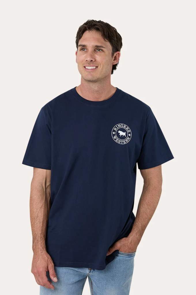 Ringers Western Mens Signature Bull Navy/White Print Loose Fit Tee