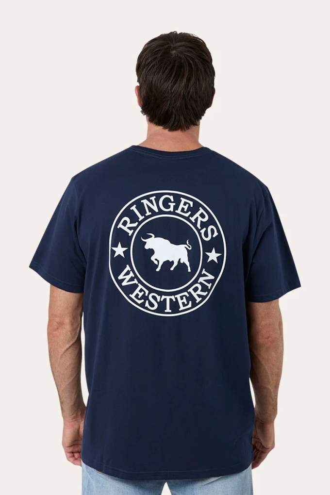 Ringers Western Mens Signature Bull Navy/White Print Loose Fit Tee
