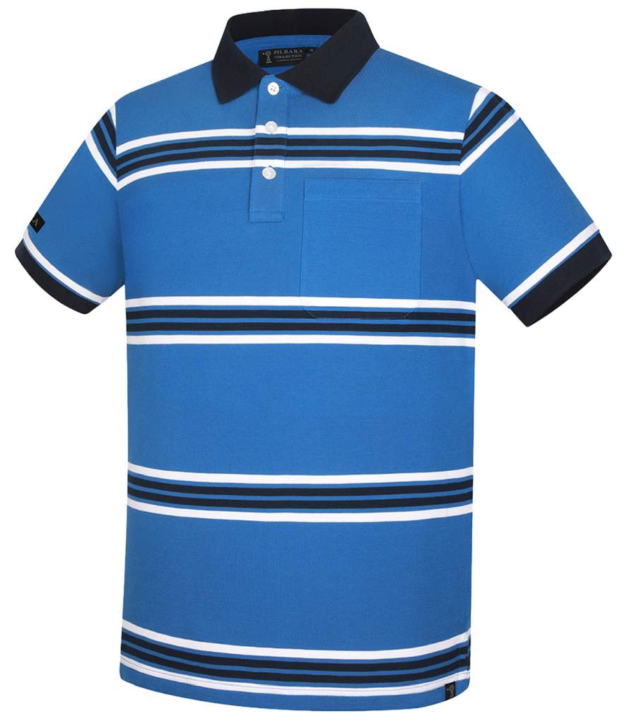Pilbara Mens Striped Pocket Polo Deep Blue/white/Navy