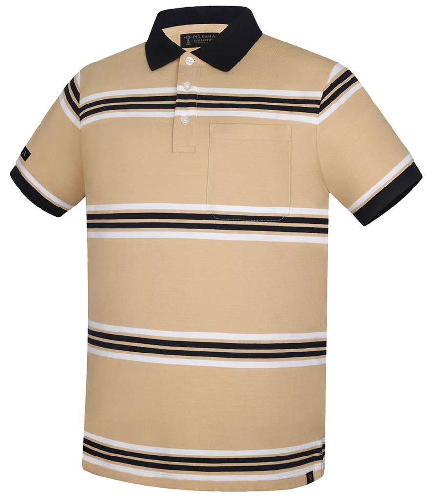 Pilbara Mens Striped Pocket Polo Desert/White/Navy