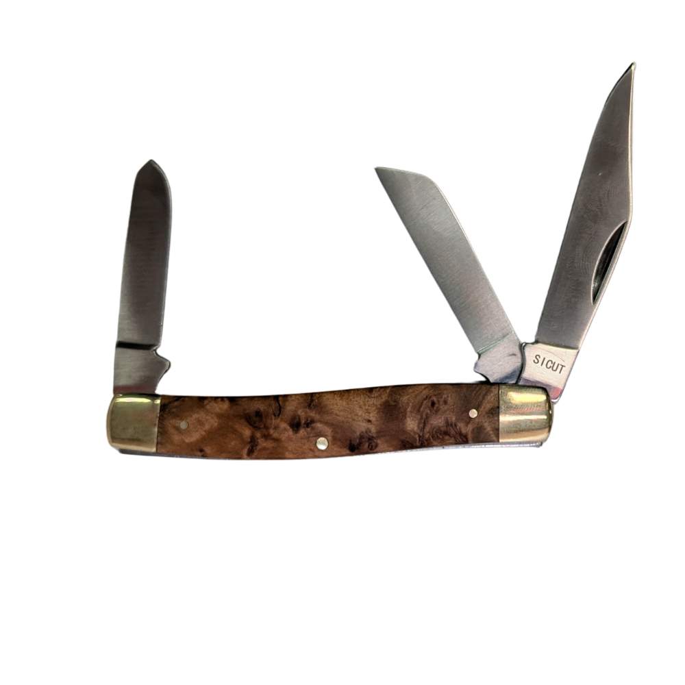 Sicut Traditional Stockman Knife Burlwood Handle