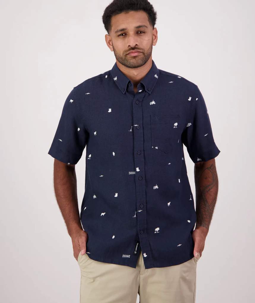 Swanndri Mens Farm Vibes S/S Linen Shirt Navy/Ecru
