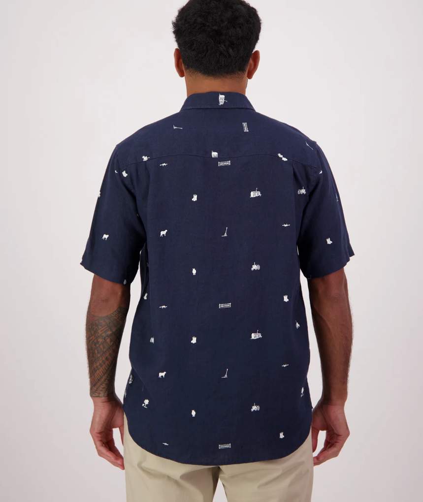 Swanndri Mens Farm Vibes S/S Linen Shirt Navy/Ecru