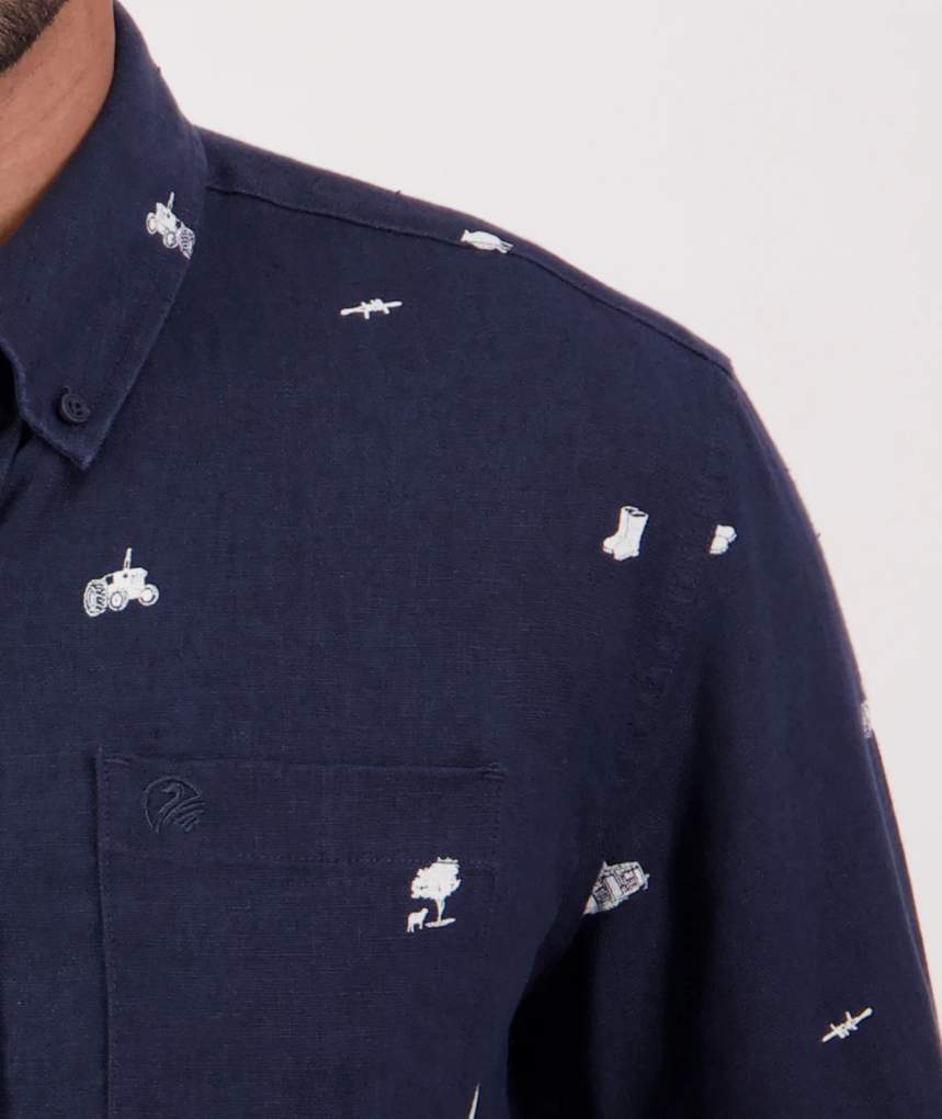 Swanndri Mens Farm Vibes S/S Linen Shirt Navy/Ecru