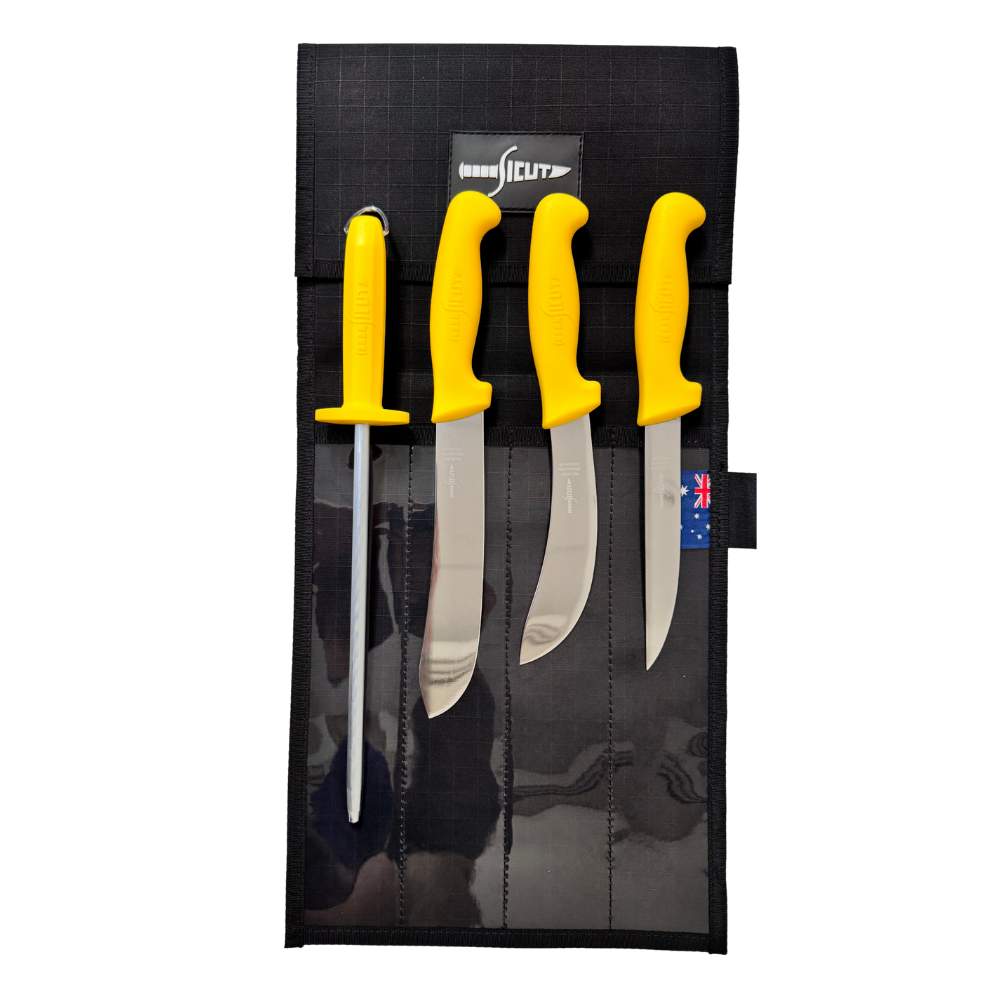 Sicut 4 Piece Butchers Knife Package - Premium German Steel - Yellow Handle