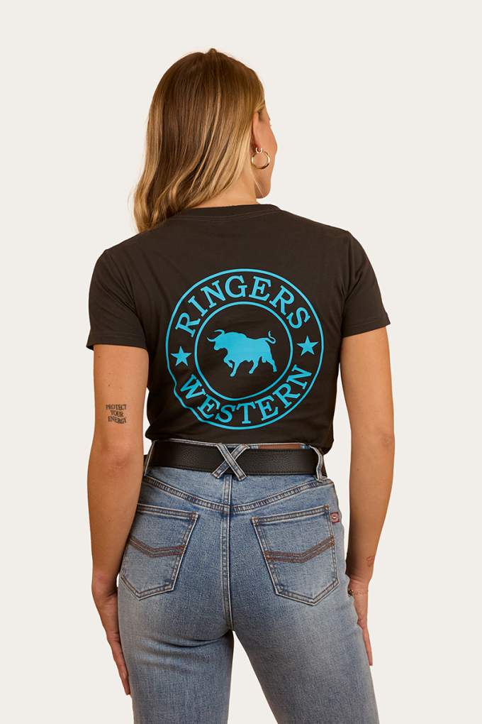 Ringers Western Ladies Signature Bull Tee Charcoal/Aqua