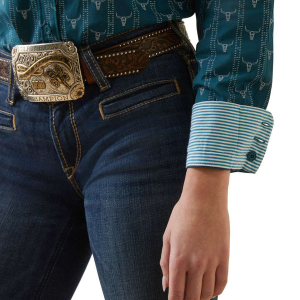 Ariat Kirby Camicia Performance Uomo, Taglia XL, Tessuto Elasticizzato A Righe, Colori Foglia Di Tè E Pavone, Antipiega - 3
