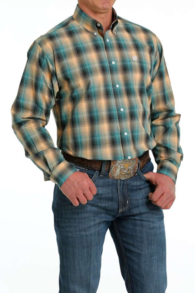 Cinch Mens Orange/Teal Plaid Shirt