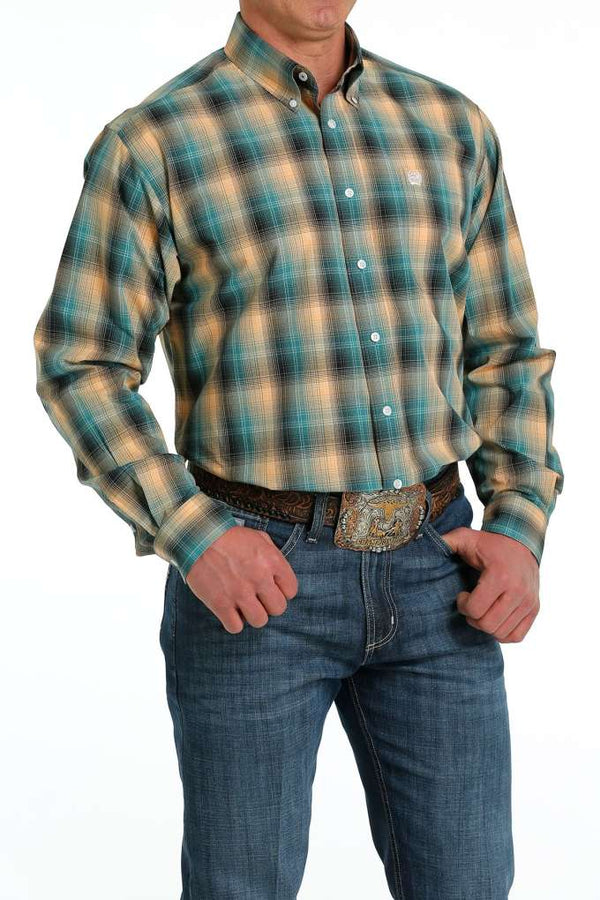 Teal Plaid Cinch Men's Long Sleeve Shirt