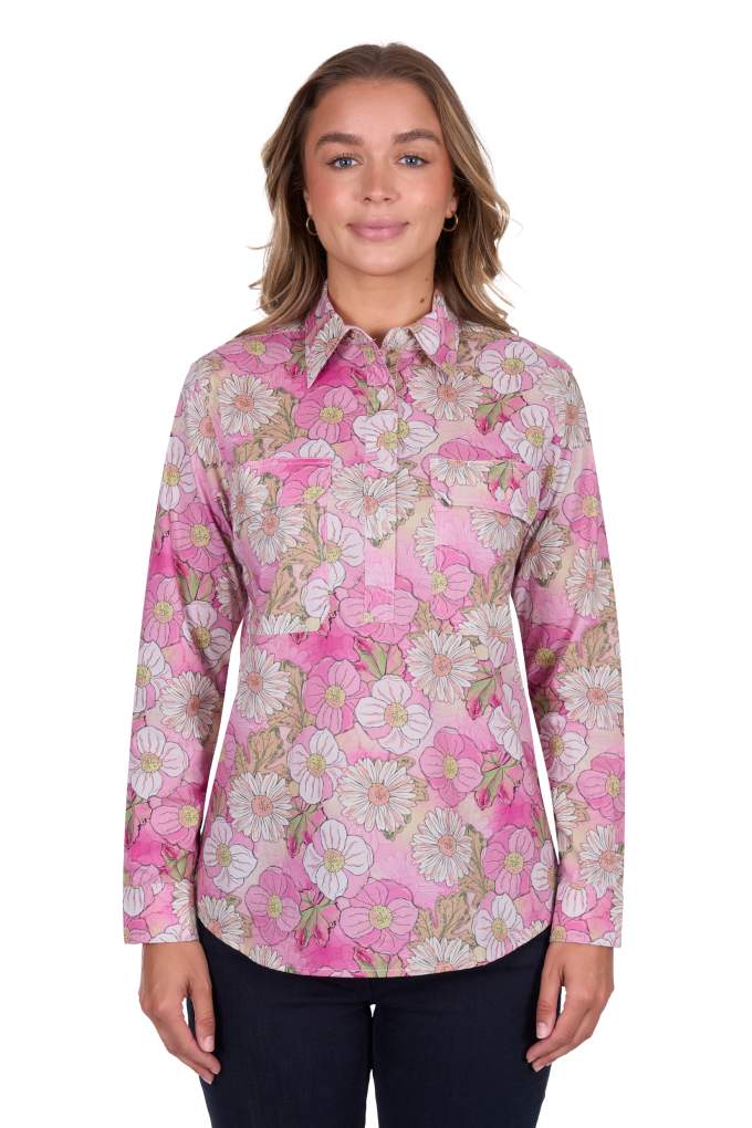 Hard Slog Ladies Etta Floral Half Button Shirt