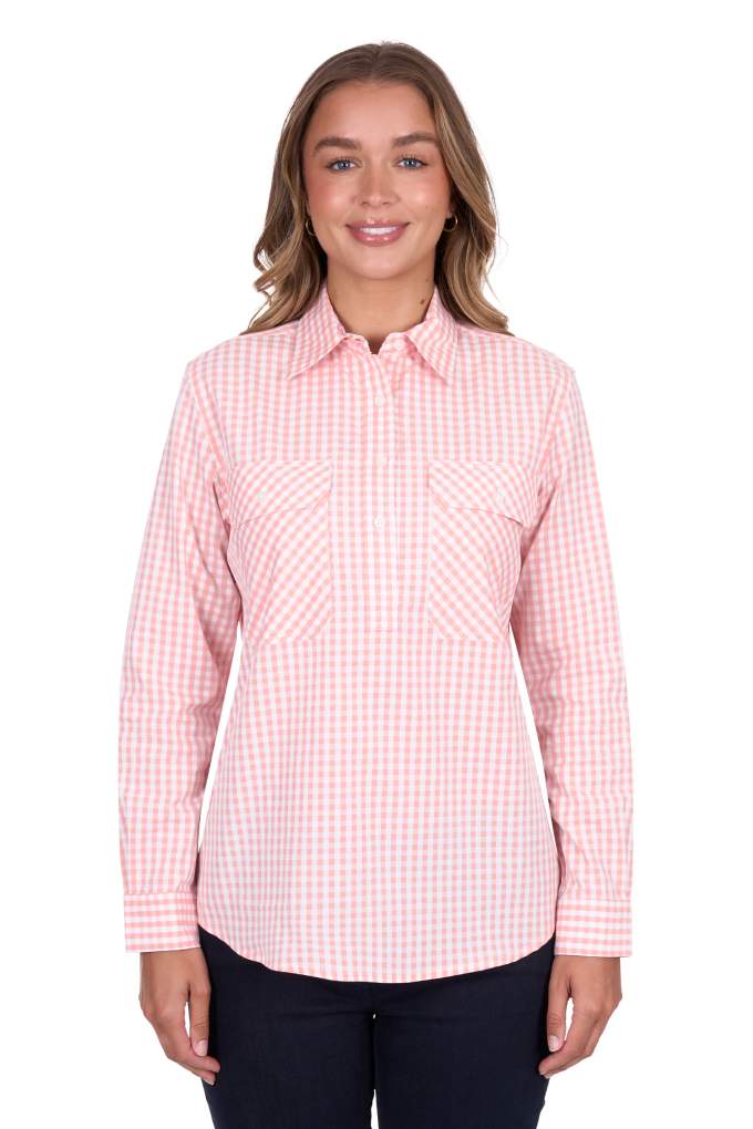 Hard Slog Ladies Jen Check Half Button Shirt