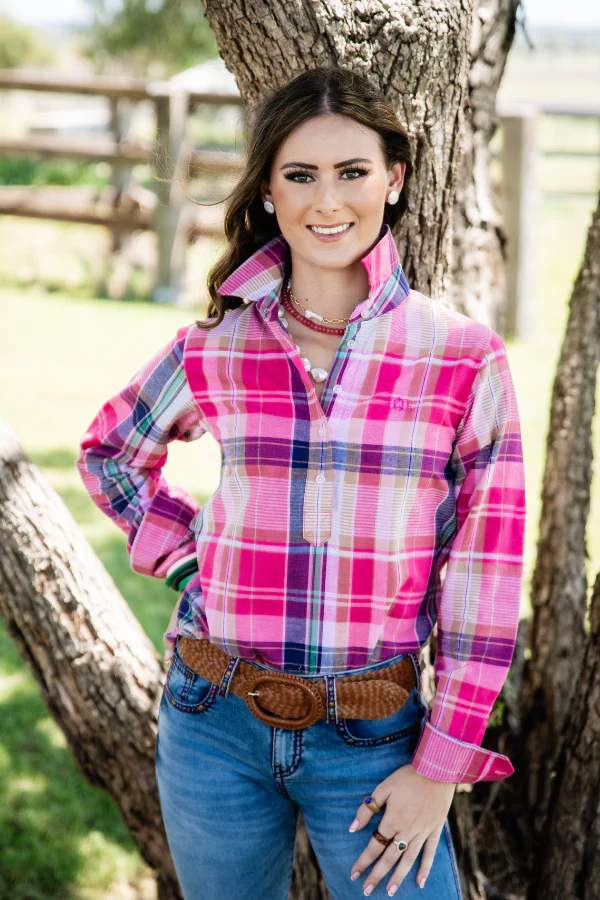 H &amp; H Ladies Pink Plaid Linen Shirt