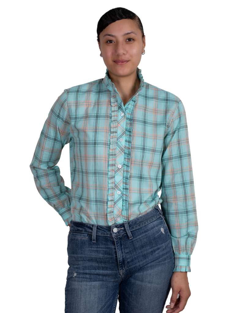 JCA Ladies Abbey Frills Mint Green Plaid Workshirt