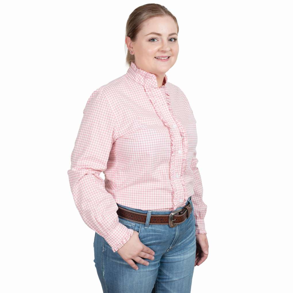 JCA Ladies Abbey Frills Flaminigo Pink Small Check Shirt