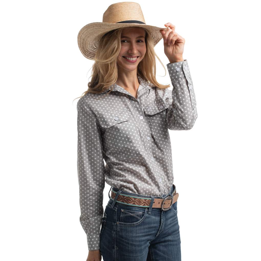 JCA Ladies Abbey Smoke Grey &amp; White Polka Dots Workshirt