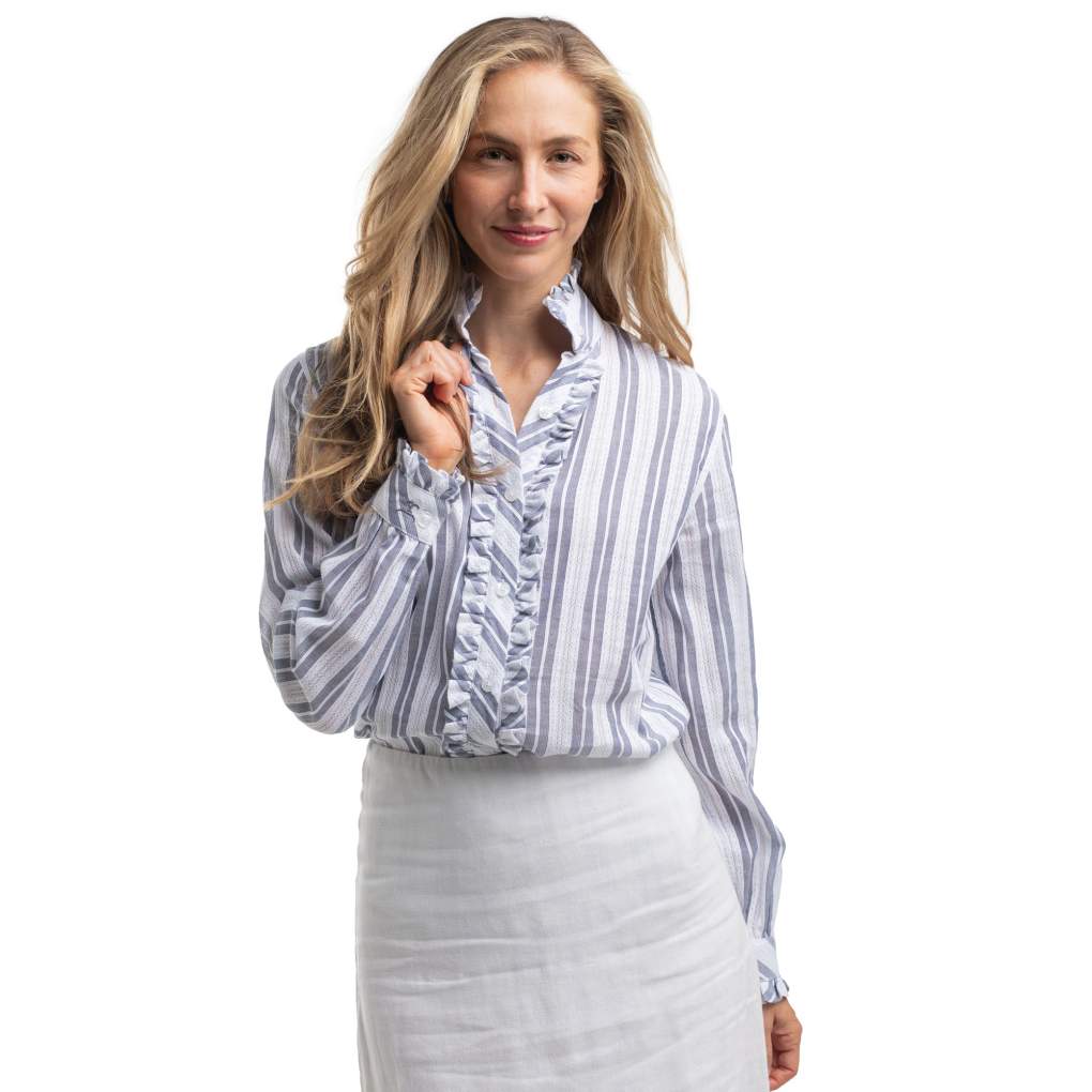 JCA Ladies AbbeyFrill Indigo Blue/White Striped Lace Workshirt