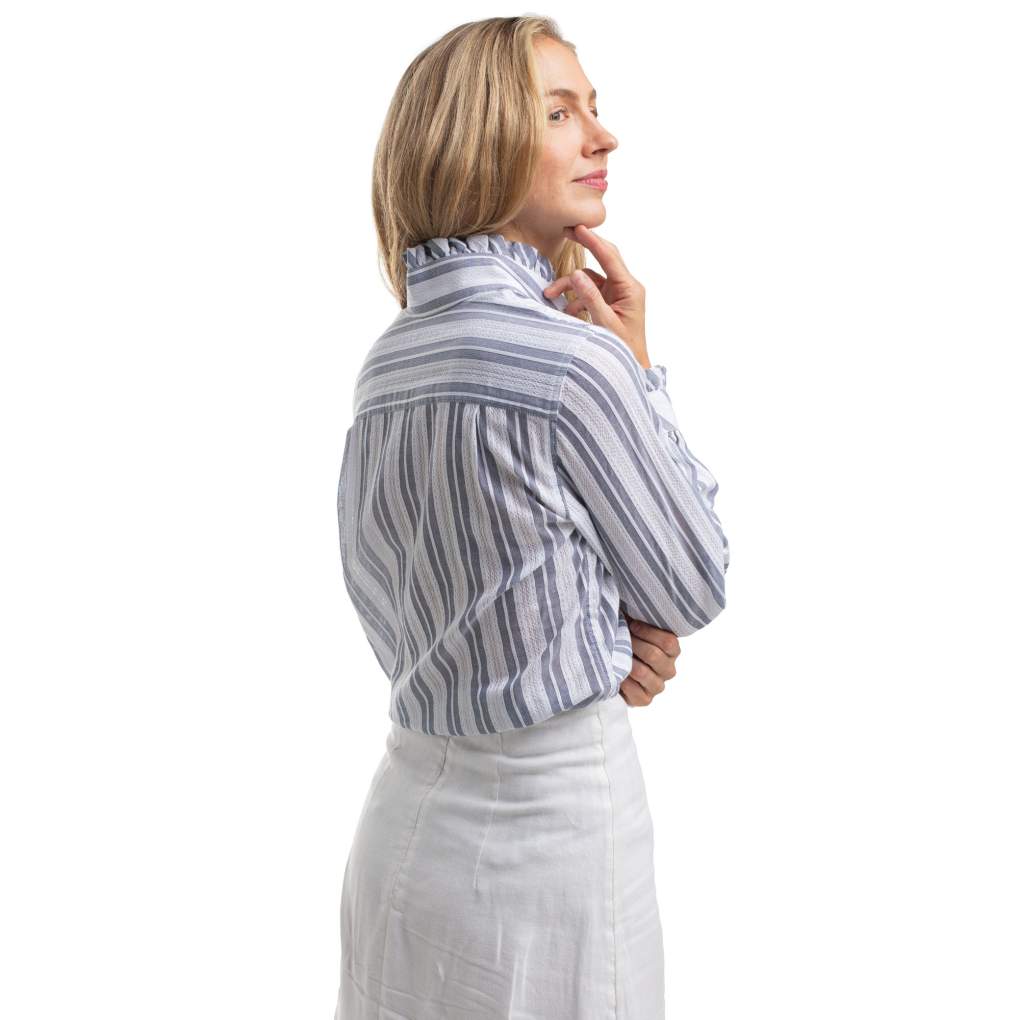 JCA Ladies AbbeyFrill Indigo Blue/White Striped Lace Workshirt