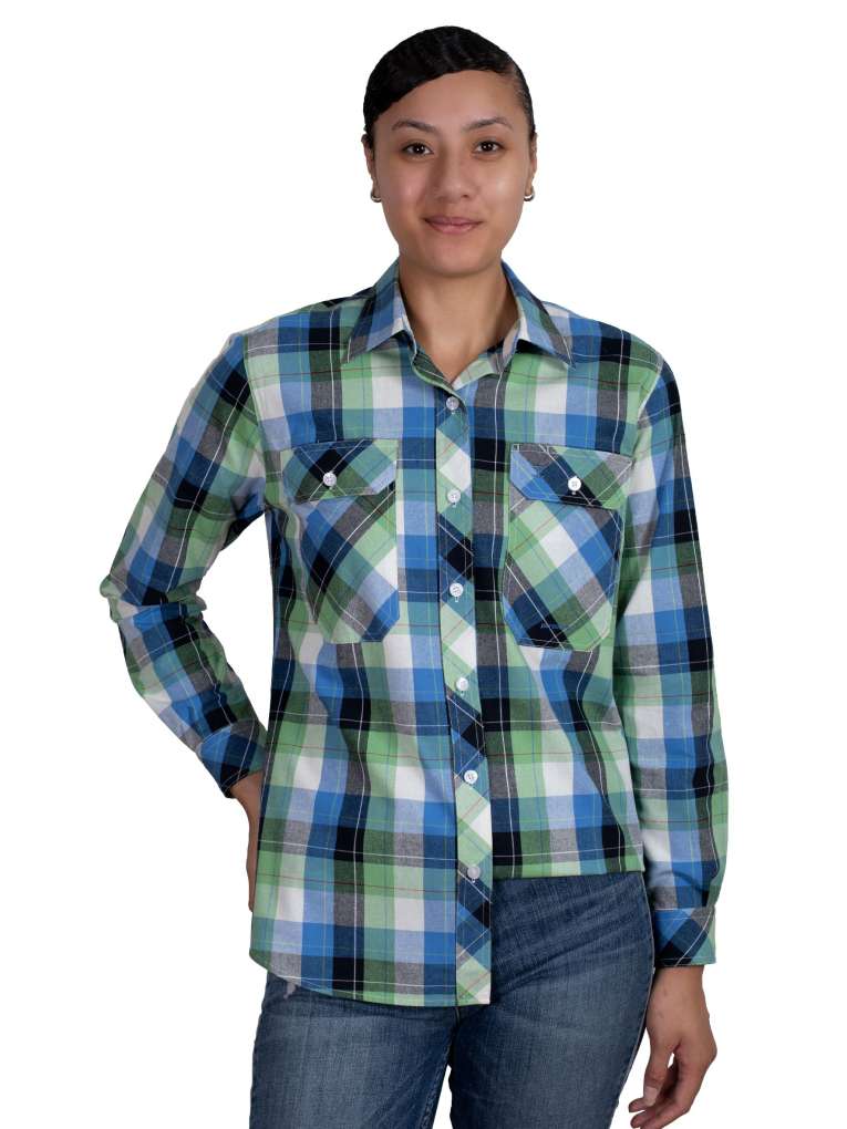 JCA Ladies Abbey Lime Green Blue Plaid Workshirt