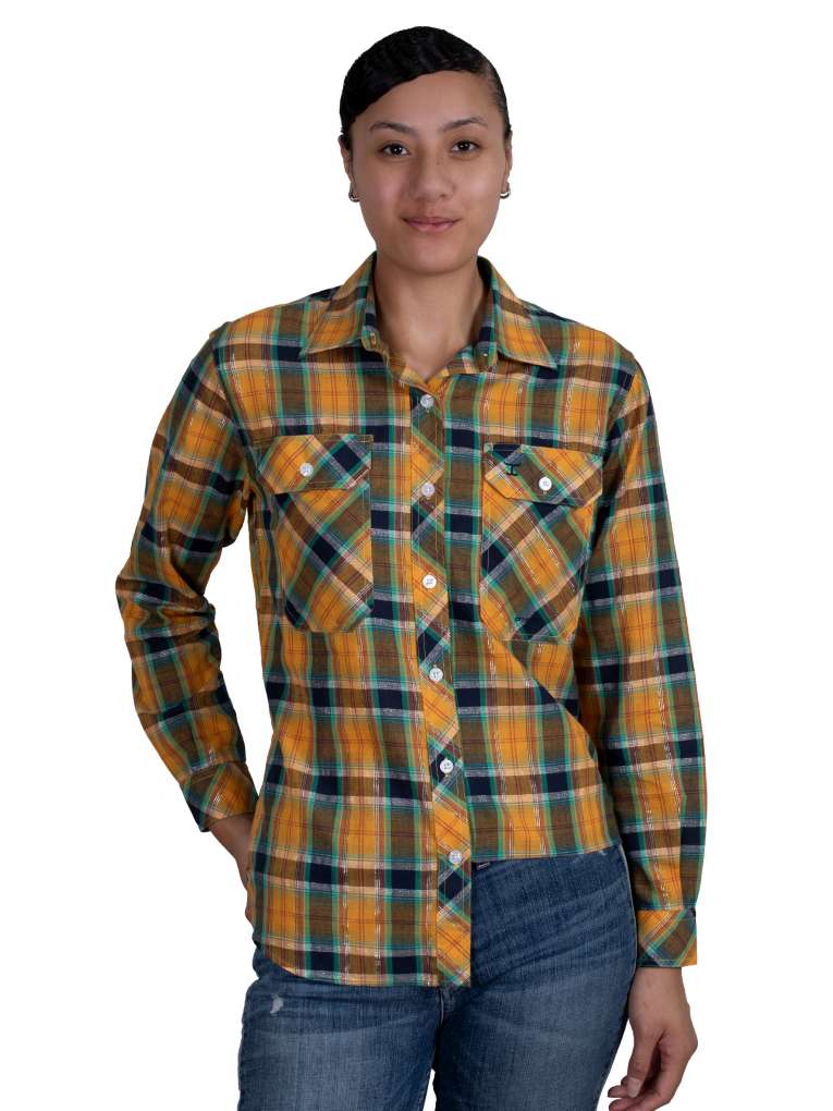 JCA Ladies Abbey Mustard/Navy Plaid Full Button Workshirt
