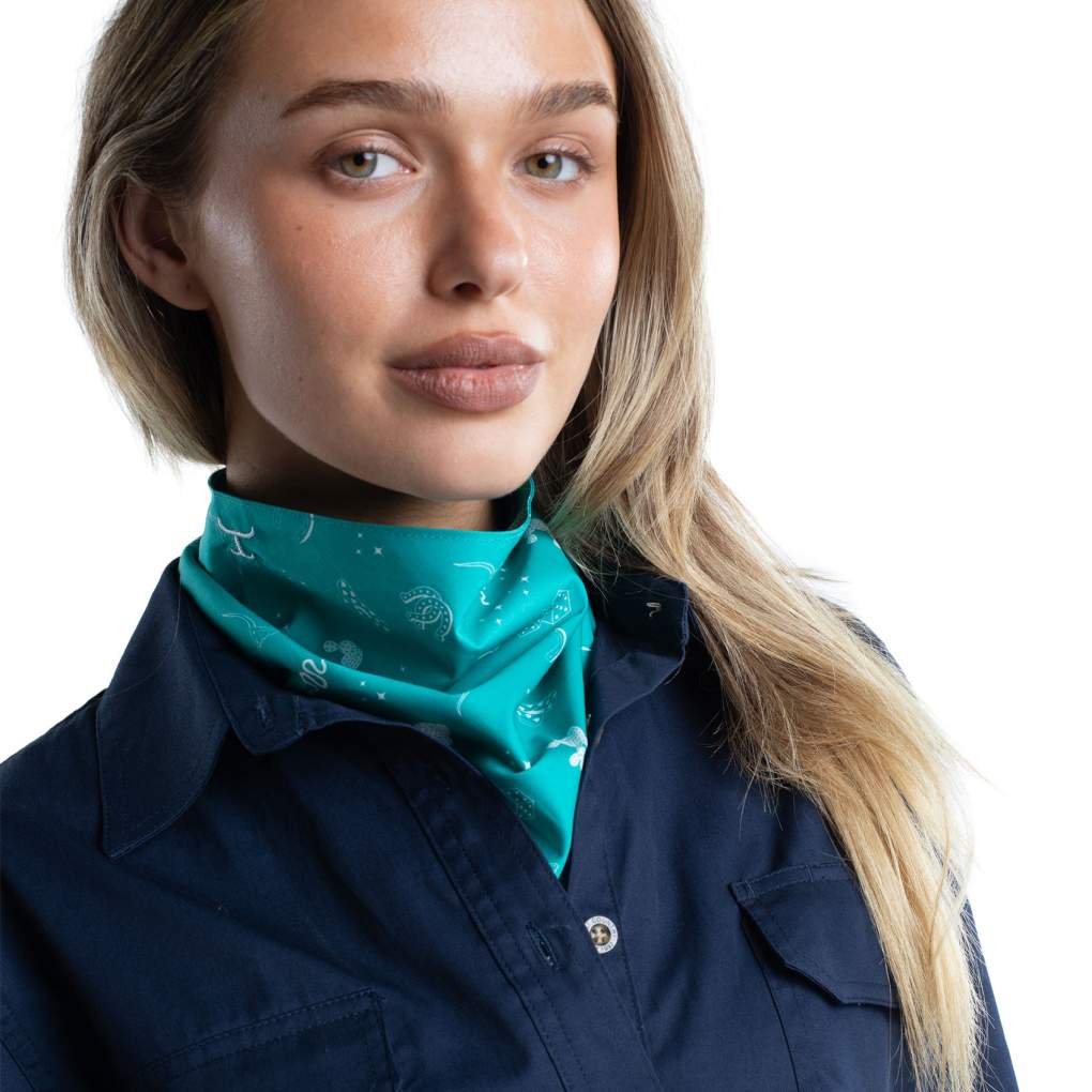 JCA Carlee Turquosie &amp; White Western Print Double Sided Scarf