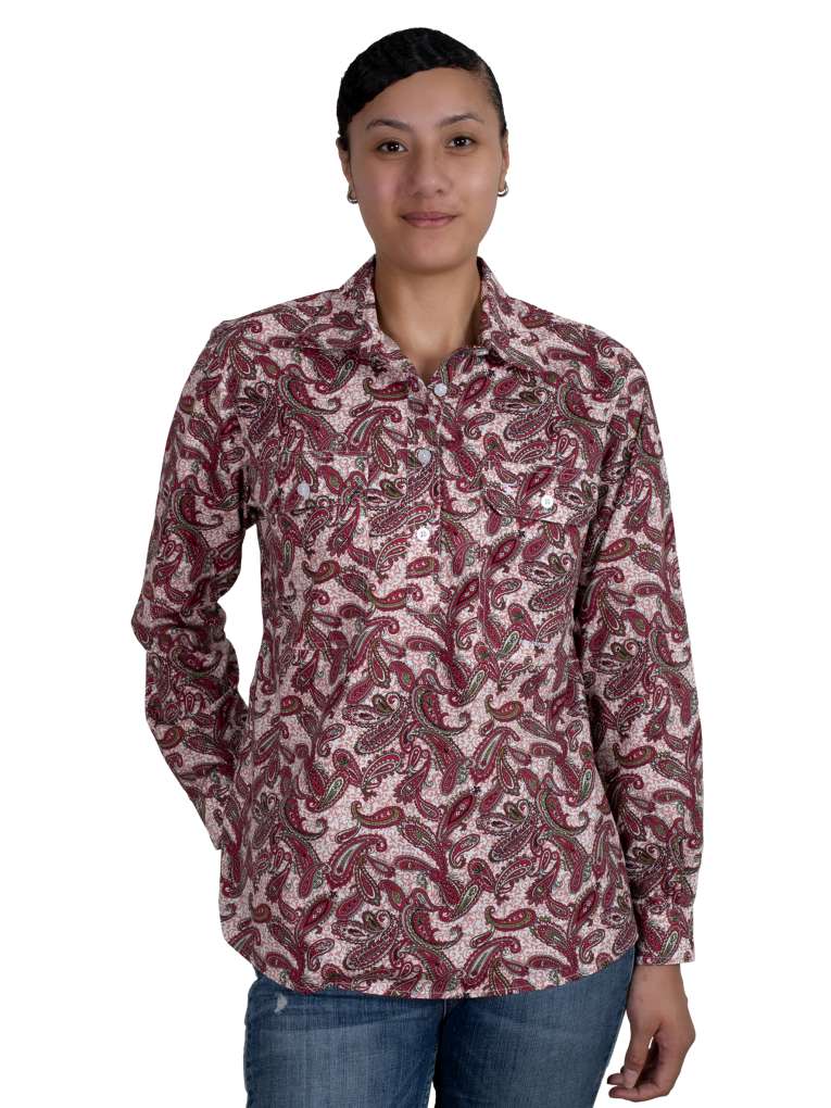 JCA Ladies Georgie Magenta Paisley Half Button Workshirt