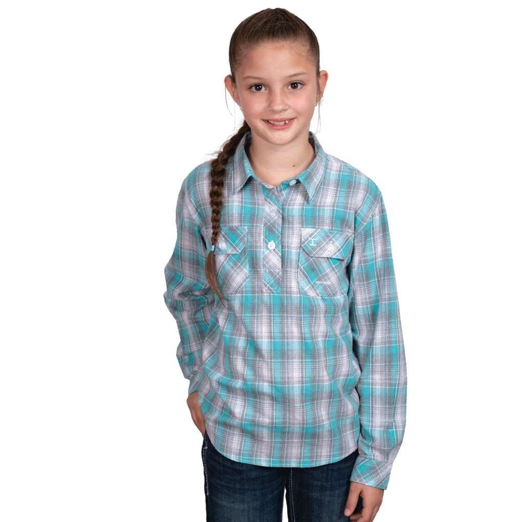 JCA Girls Harper Capri Turquoise & Slate Check Workshirt